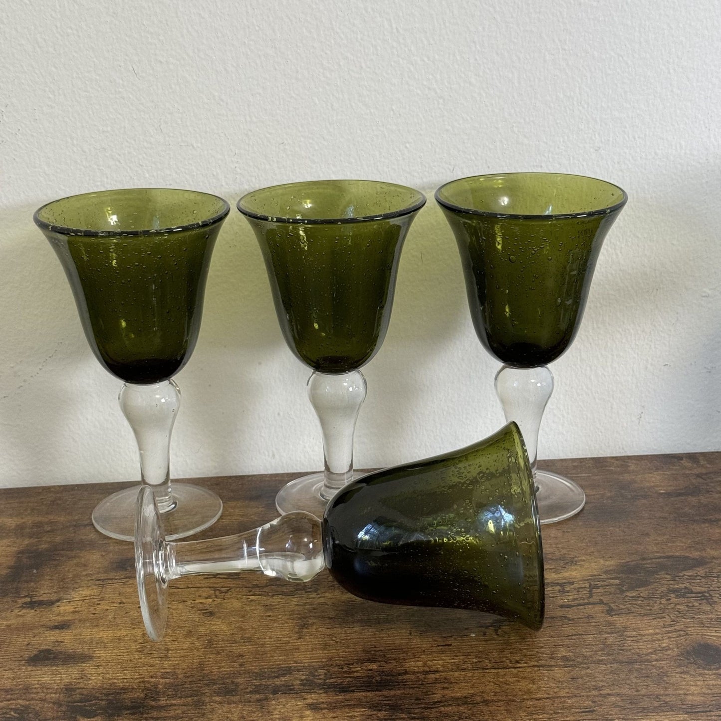 Vintage Artland Iris Collection Goblet Glasses Olive Green Bubble Hand Blown