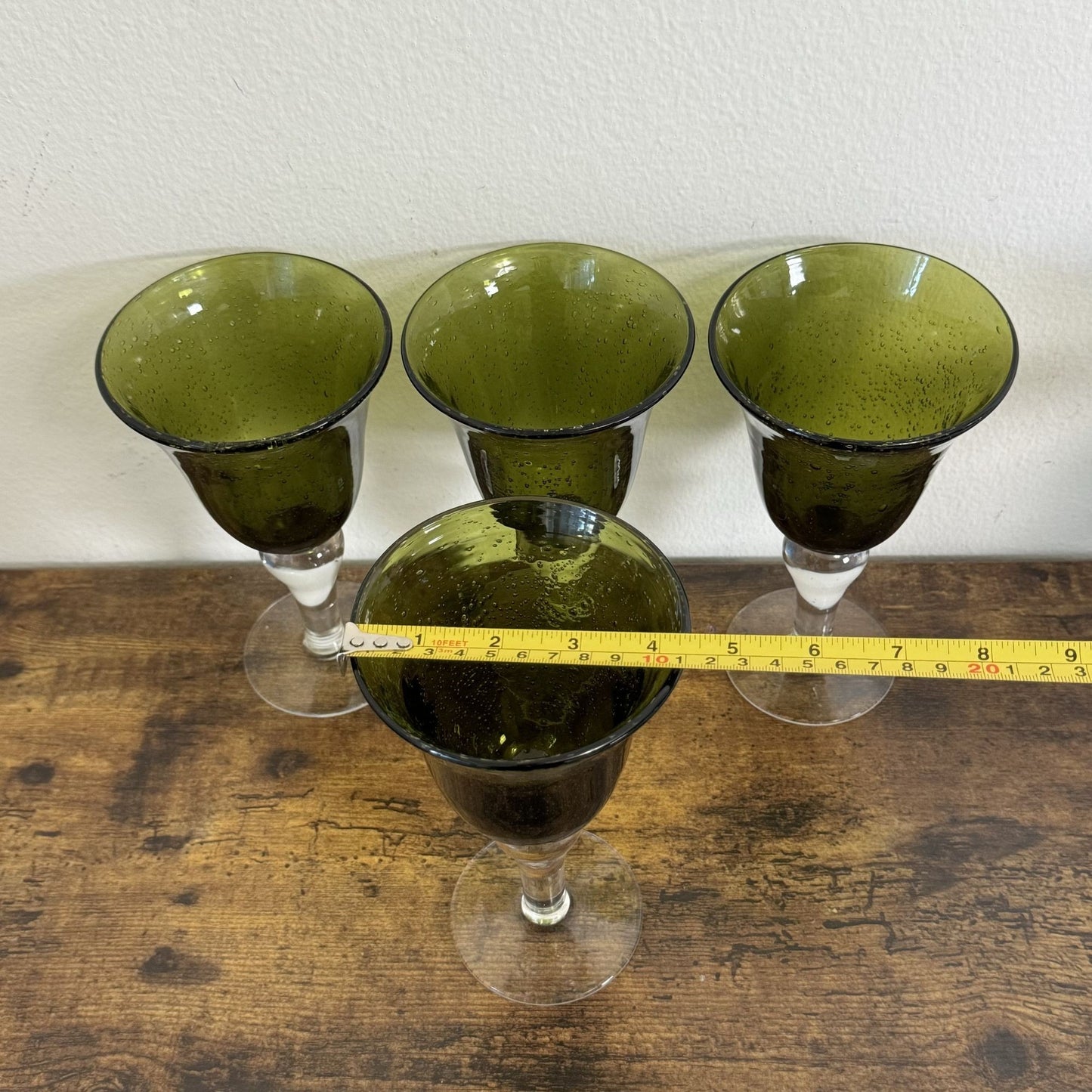 Vintage Artland Iris Collection Goblet Glasses Olive Green Bubble Hand Blown