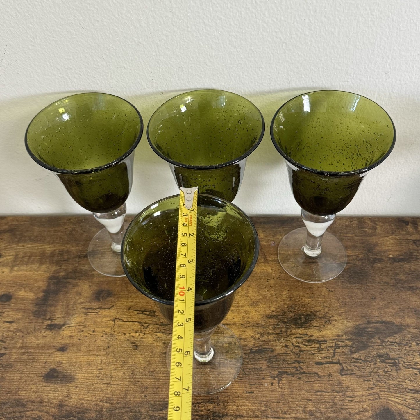 Vintage Artland Iris Collection Goblet Glasses Olive Green Bubble Hand Blown