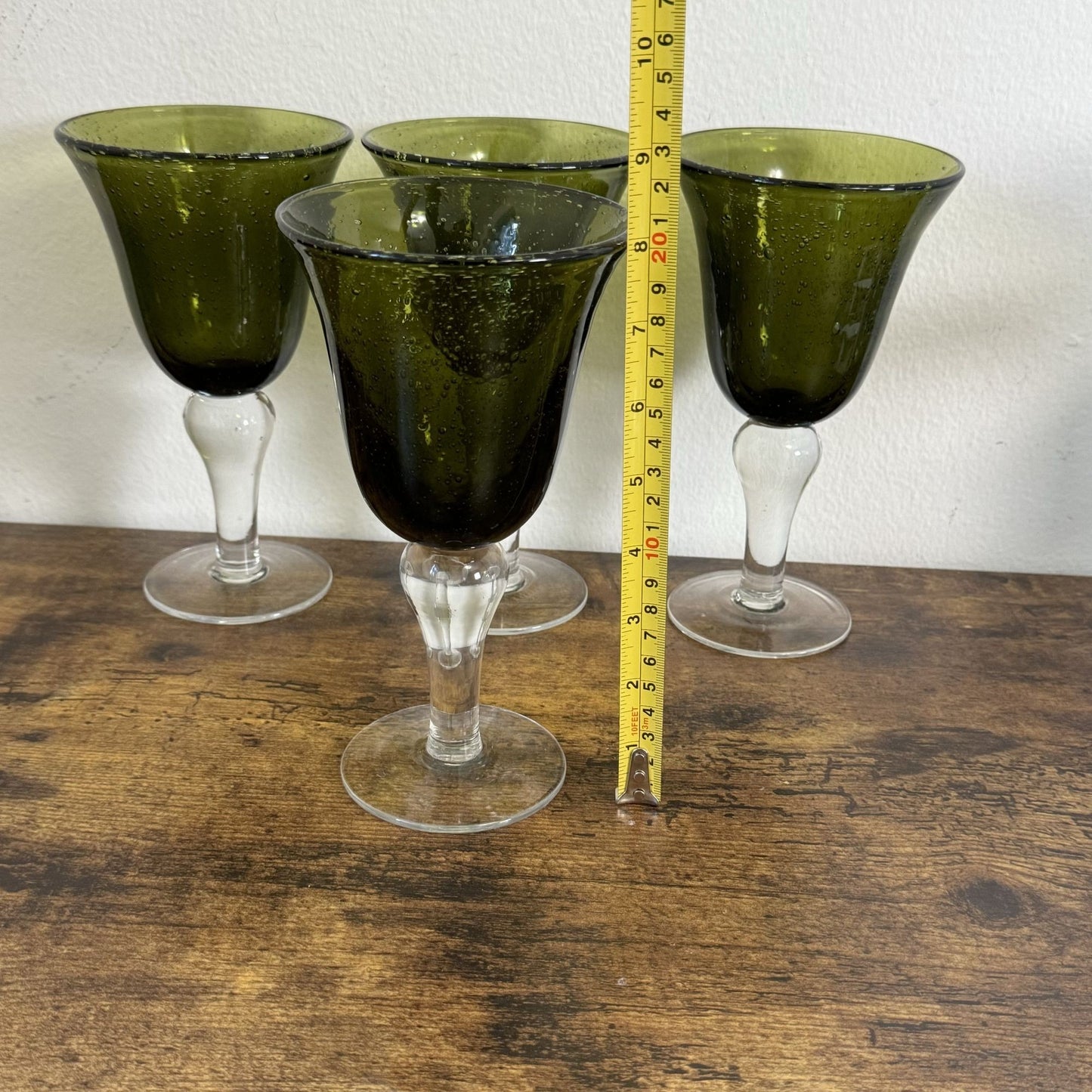 Vintage Artland Iris Collection Goblet Glasses Olive Green Bubble Hand Blown