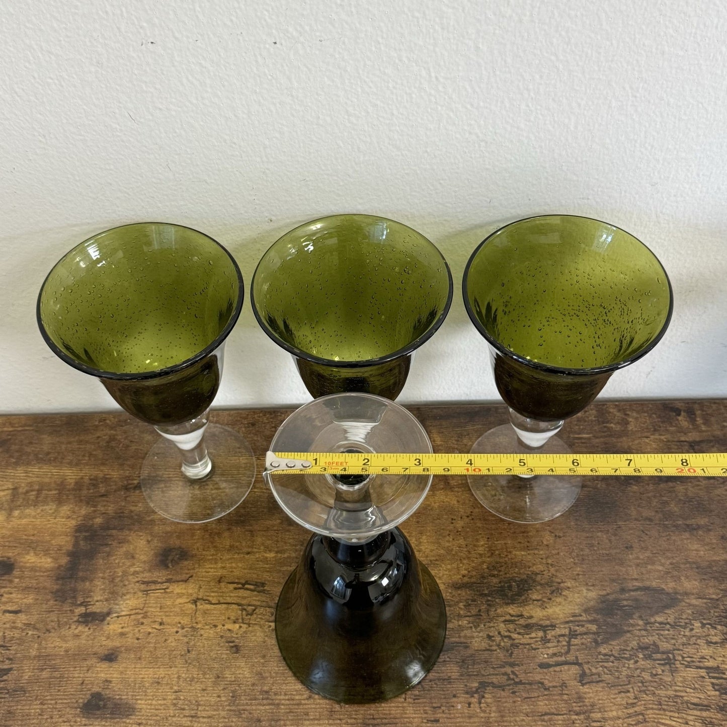 Vintage Artland Iris Collection Goblet Glasses Olive Green Bubble Hand Blown