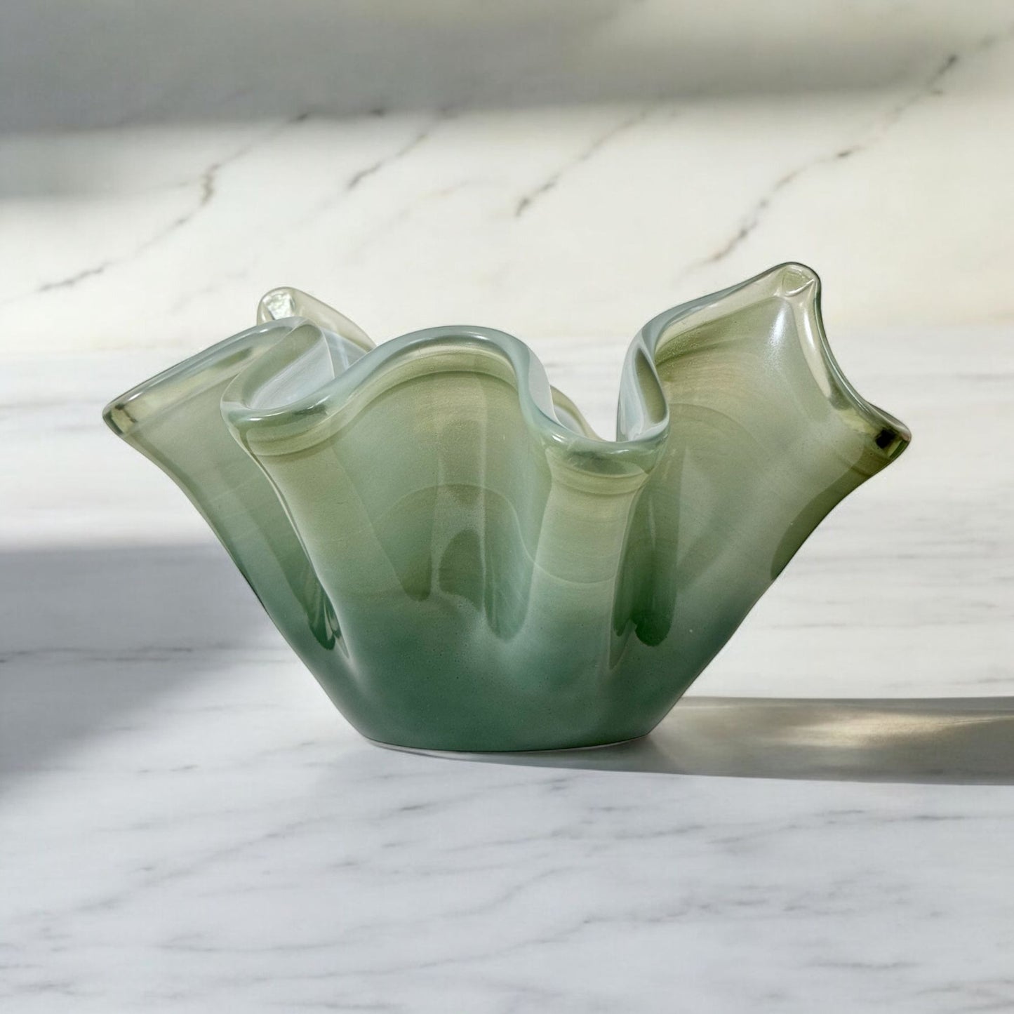 Unique Hand-Blown Glass Bowl, Decorative Emerald Green 6" Tall