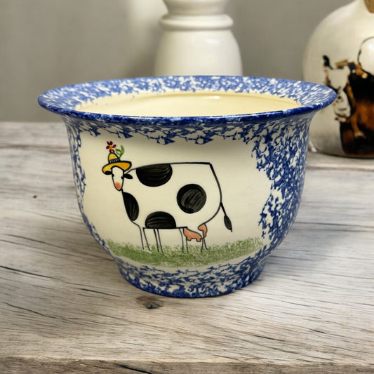 Hand-Painted Molly Dallas Cows Spongeware Queso Crock/Canister 8"-No Lid