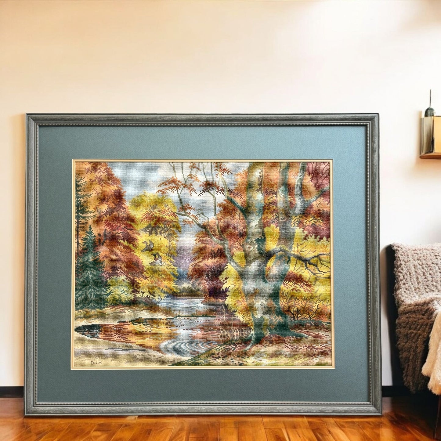 1997 Vintage Embroidered Picture Forest Lake Art With Wooden Frame 30" L x 25" H