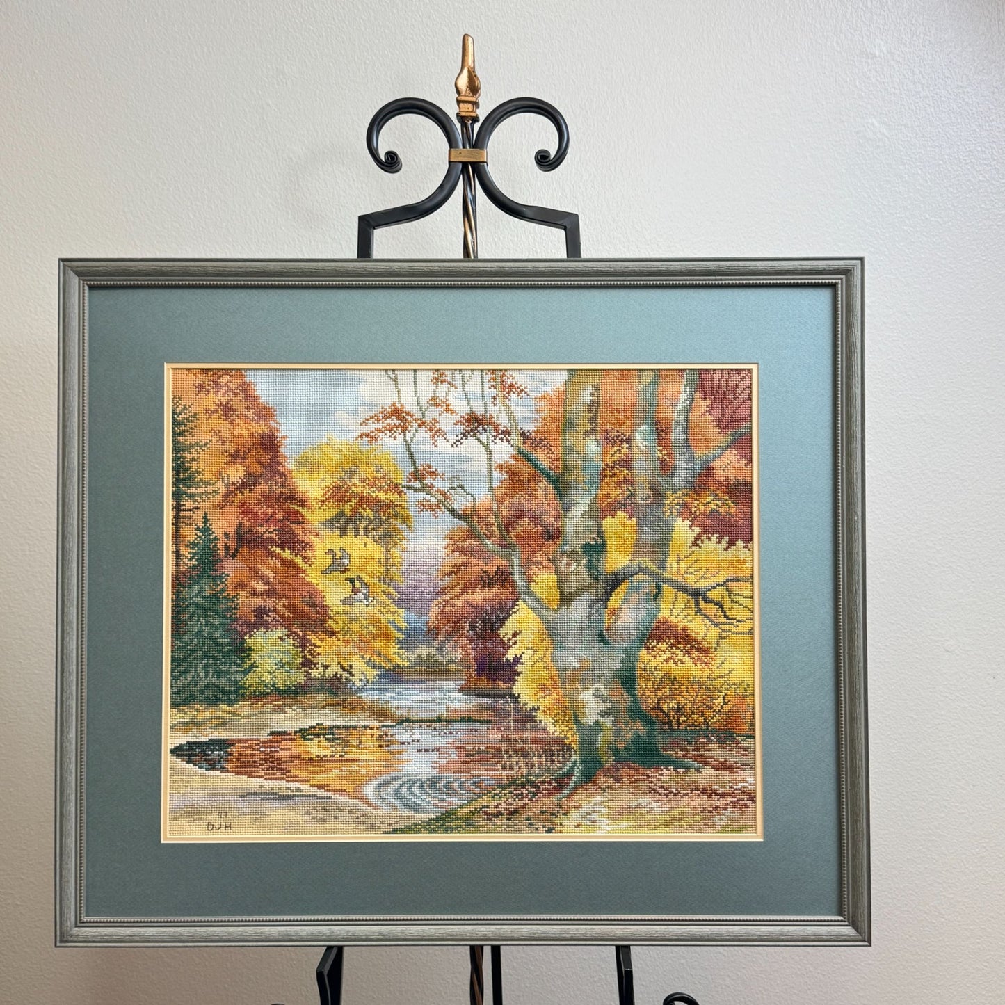 1997 Vintage Embroidered Picture Forest Lake Art With Wooden Frame 30" L x 25" H