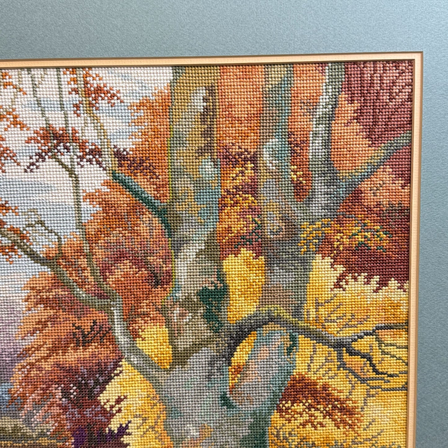 1997 Vintage Embroidered Picture Forest Lake Art With Wooden Frame 30" L x 25" H