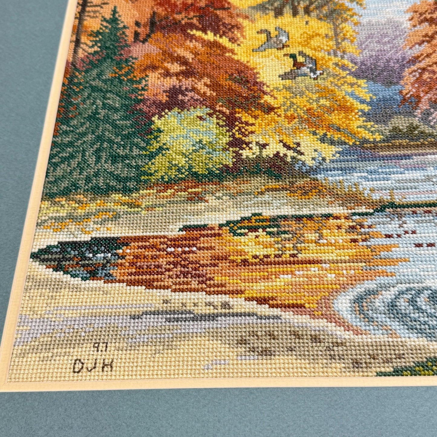 1997 Vintage Embroidered Picture Forest Lake Art With Wooden Frame 30" L x 25" H