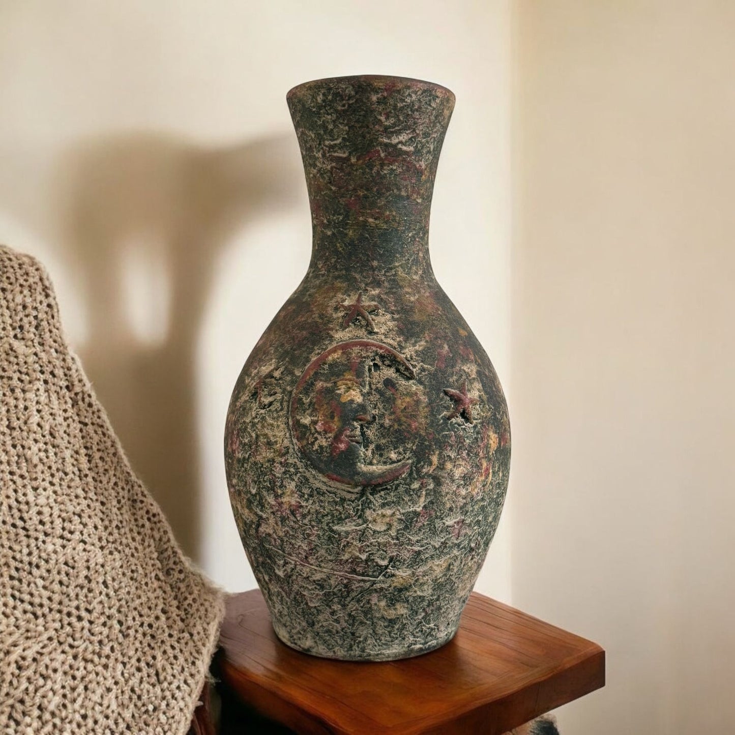 Vintage Colombian Style Terracotta Jug Vase, Moon and Star Pattern 12" Tall