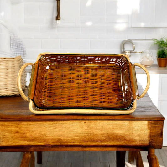 Vintage Anchor Hocking Amber Glass Baking Tray with Wicker Handles 2 QT.