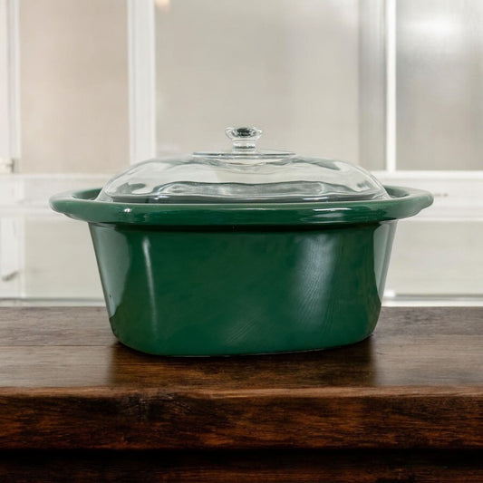 Vintage 1998 Ivy Green Oval Crock Pot Ceramic Insert with Glass Lid Heavy