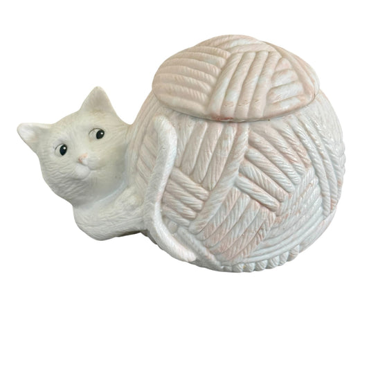 Vintage Porcelain Cat and Yarn Ball Trinket Holder Pastel colors 6.5" Length