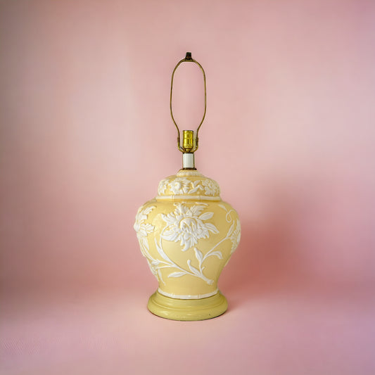 Vintage Table Lamp Ceramic Relief Floral Botanical Pastel Yellow White Shabby 32" Tall