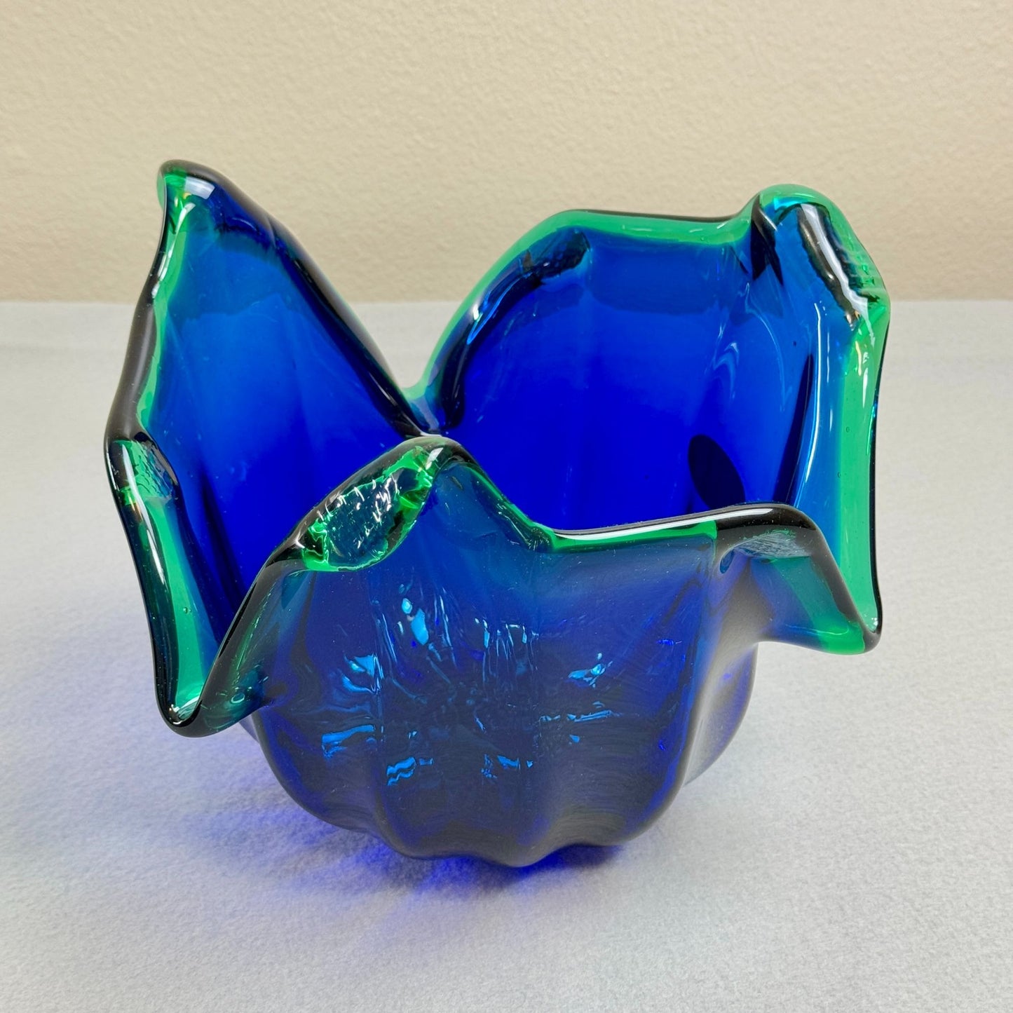 Vintage Italian Murano Style Art Glass Bowl, Cobalt Blue, Green Crest Edge 8" H