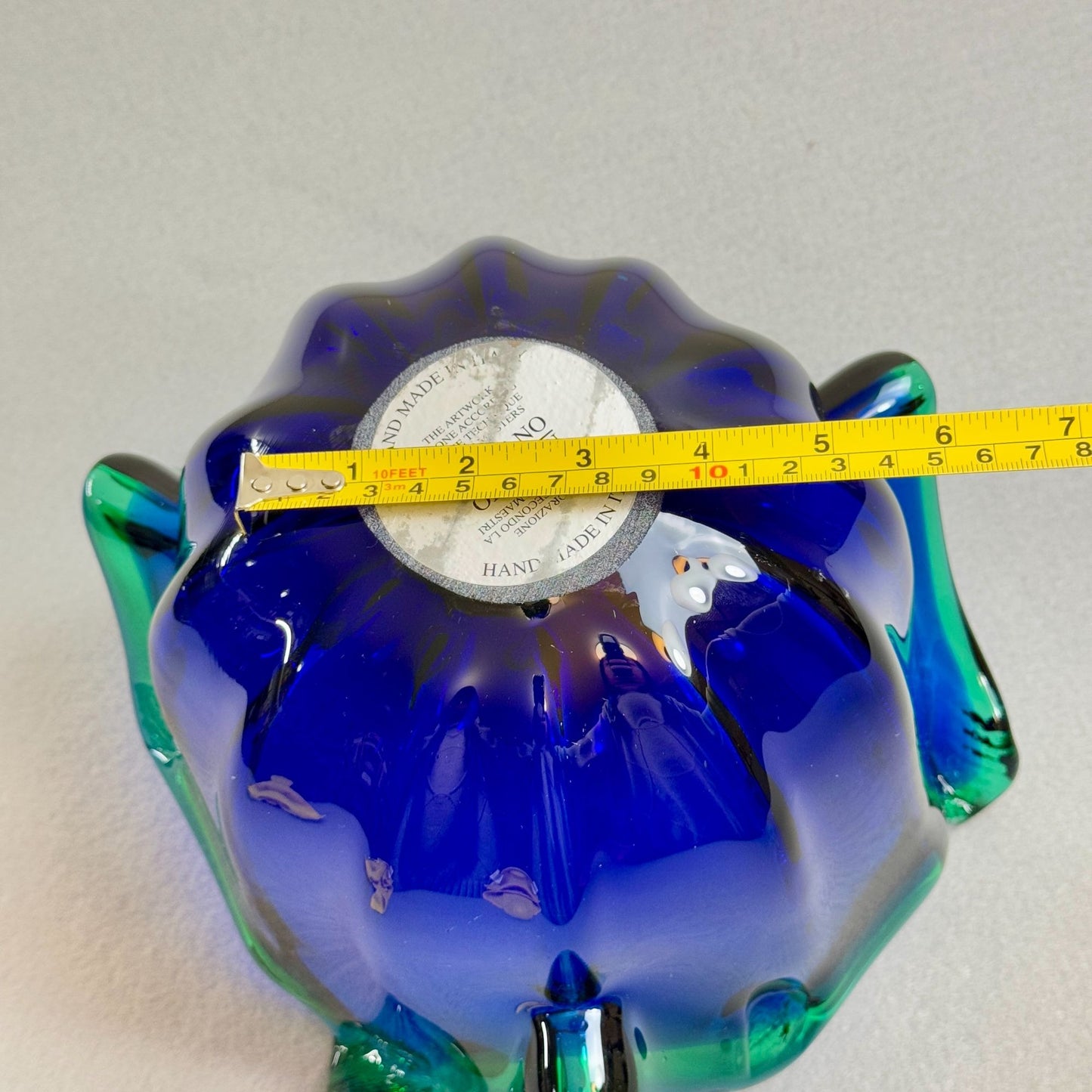 Vintage Italian Murano Style Art Glass Bowl, Cobalt Blue, Green Crest Edge 8" H