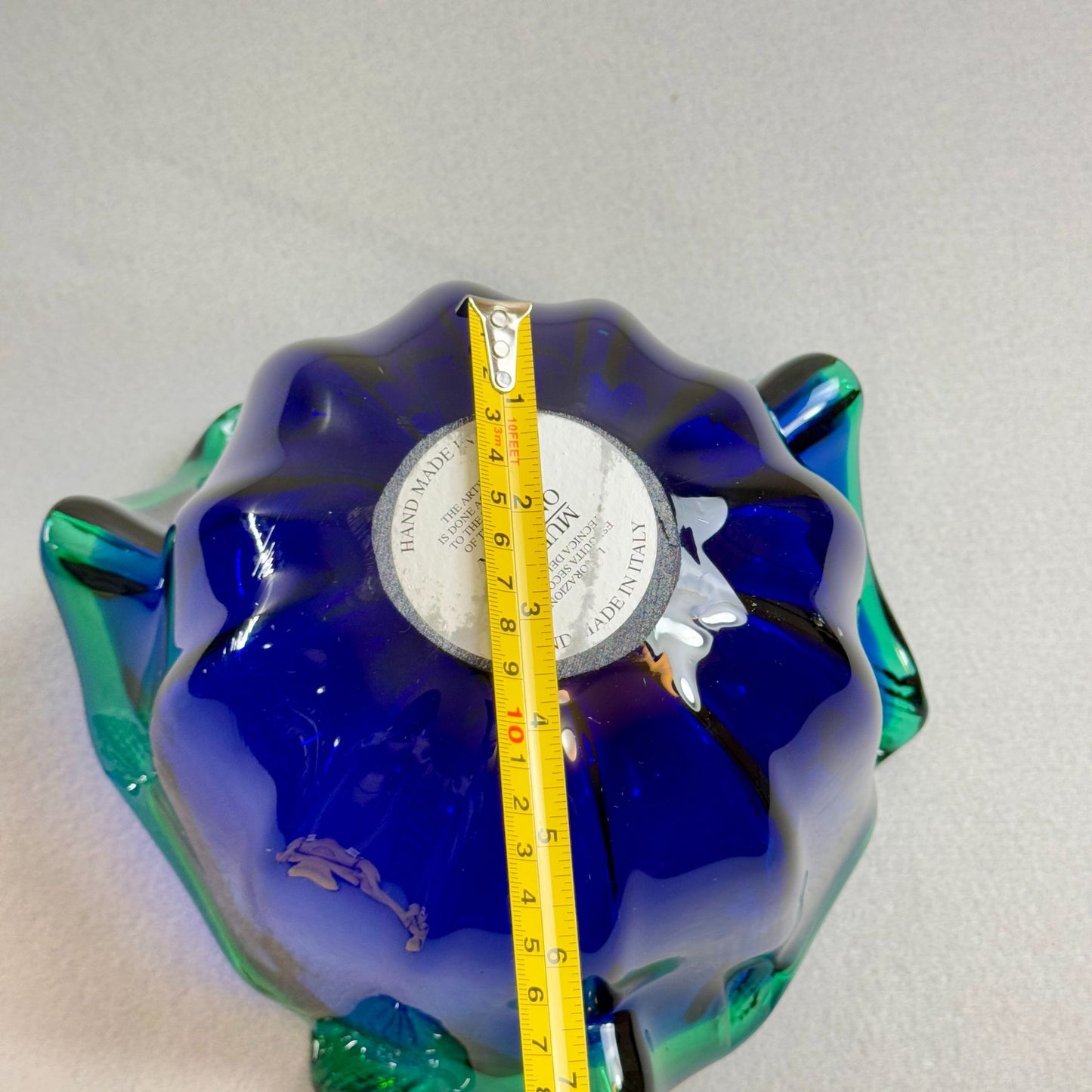 Vintage Italian Murano Style Art Glass Bowl, Cobalt Blue, Green Crest Edge 8" H