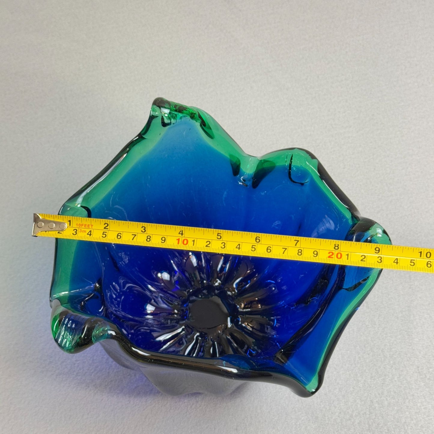 Vintage Italian Murano Style Art Glass Bowl, Cobalt Blue, Green Crest Edge 8" H