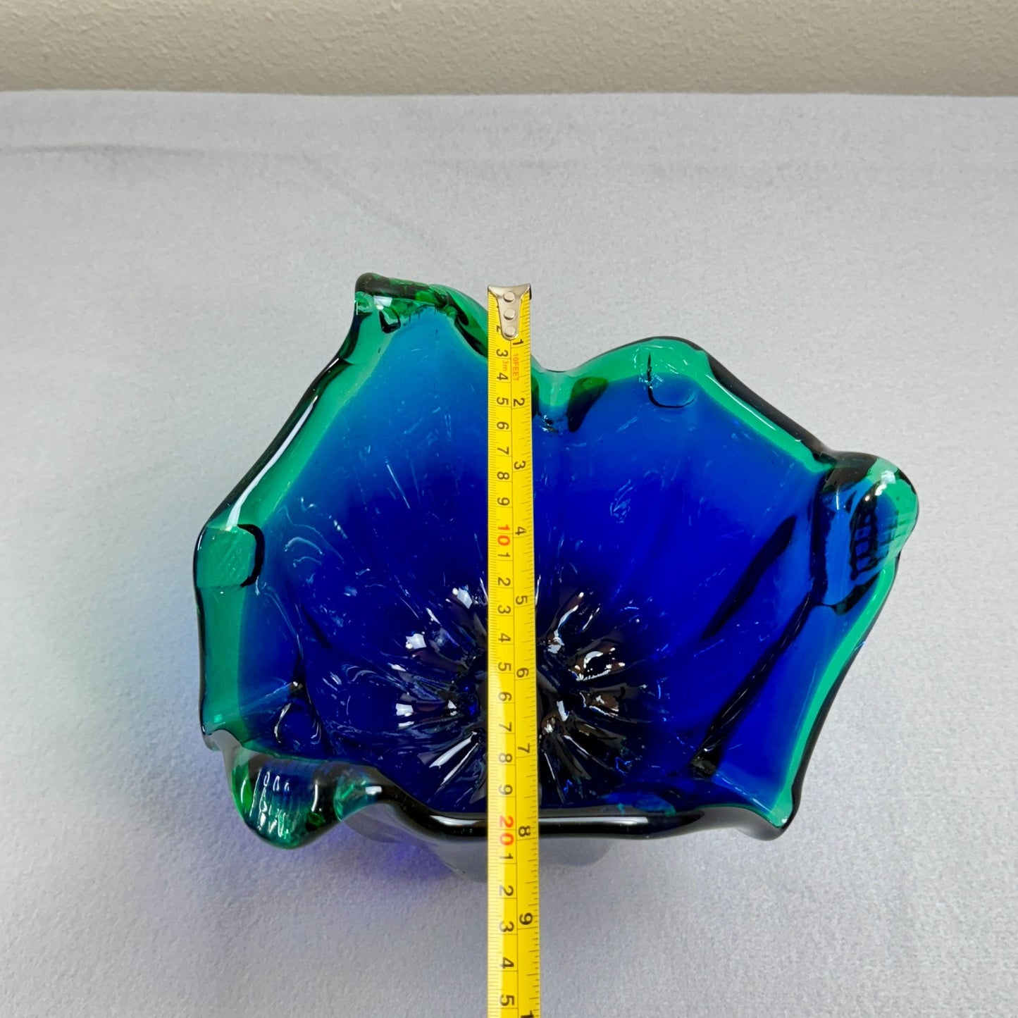 Vintage Italian Murano Style Art Glass Bowl, Cobalt Blue, Green Crest Edge 8" H