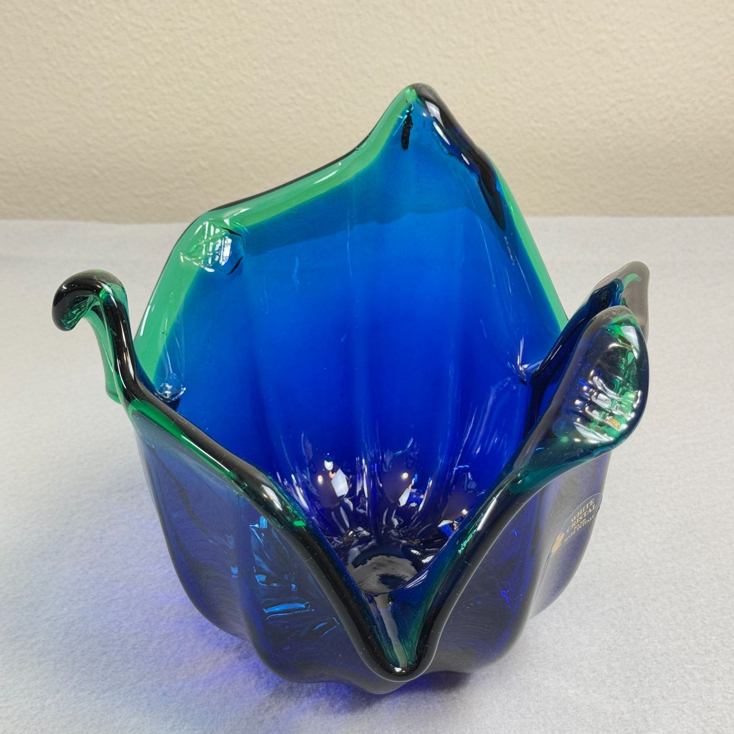 Vintage Italian Murano Style Art Glass Bowl, Cobalt Blue, Green Crest Edge 8" H