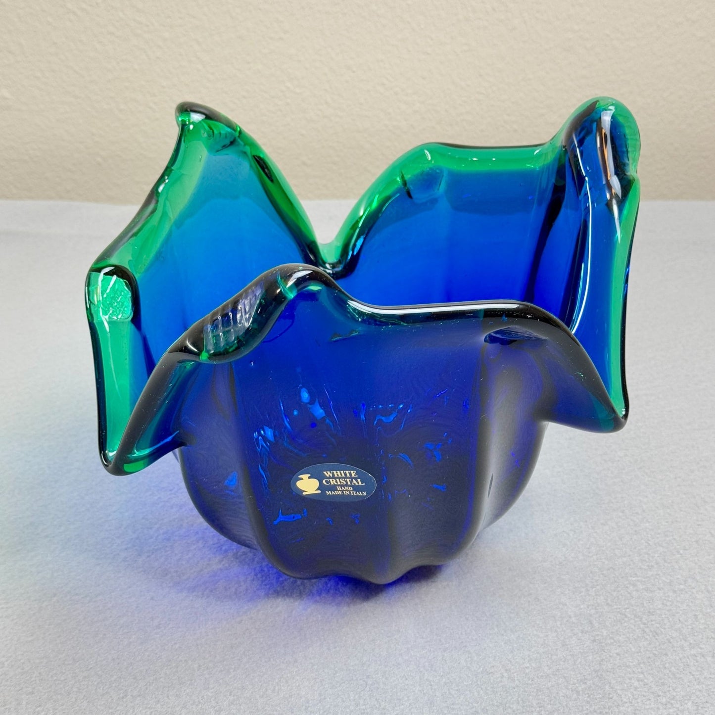 Vintage Italian Murano Style Art Glass Bowl, Cobalt Blue, Green Crest Edge 8" H