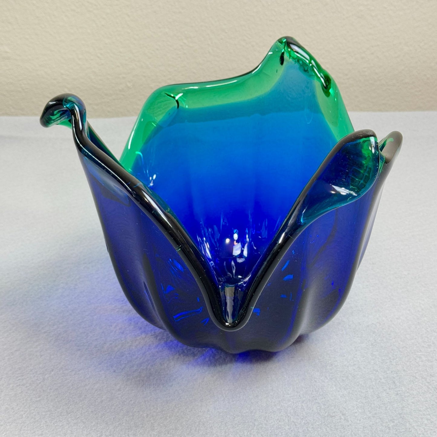 Vintage Italian Murano Style Art Glass Bowl, Cobalt Blue, Green Crest Edge 8" H