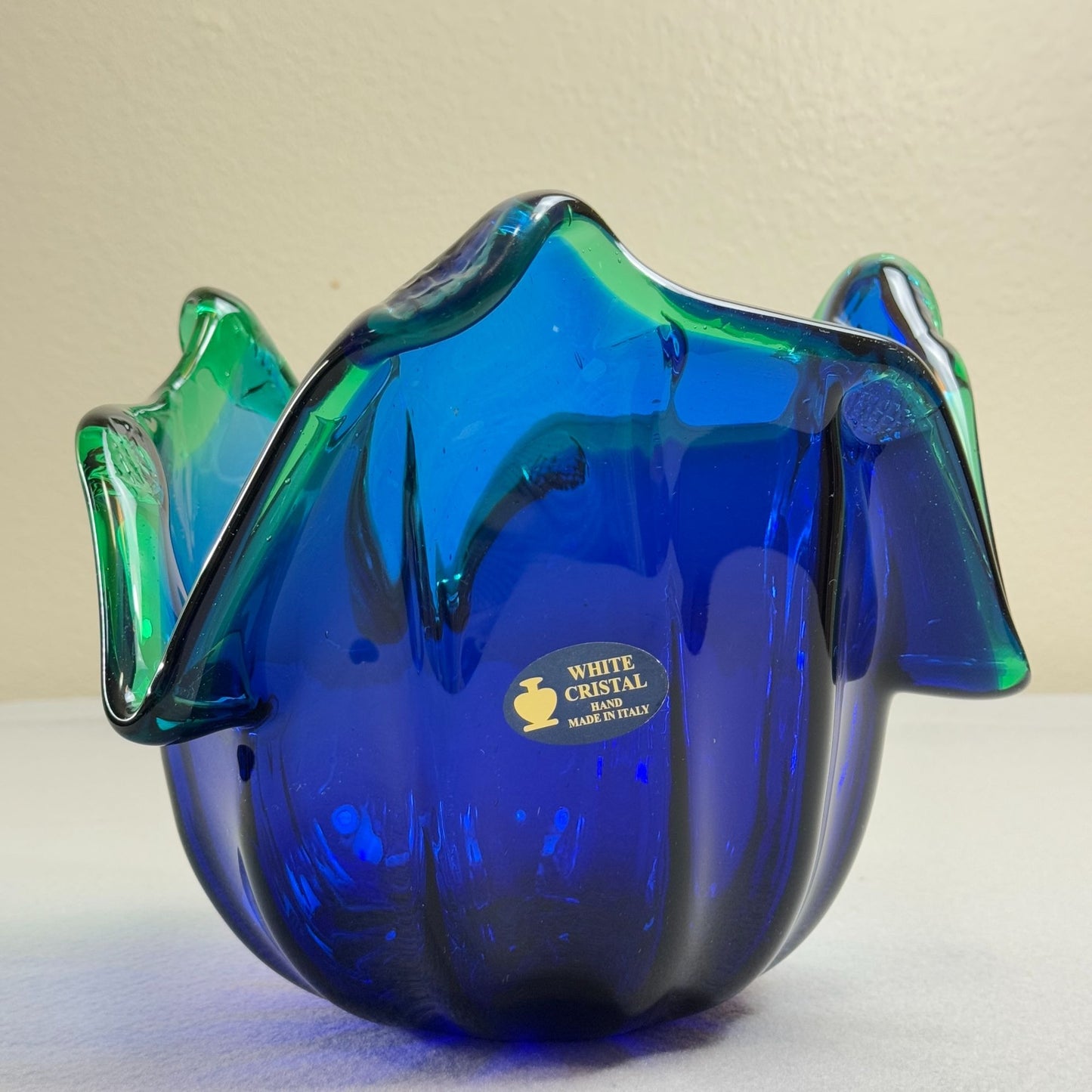 Vintage Italian Murano Style Art Glass Bowl, Cobalt Blue, Green Crest Edge 8" H