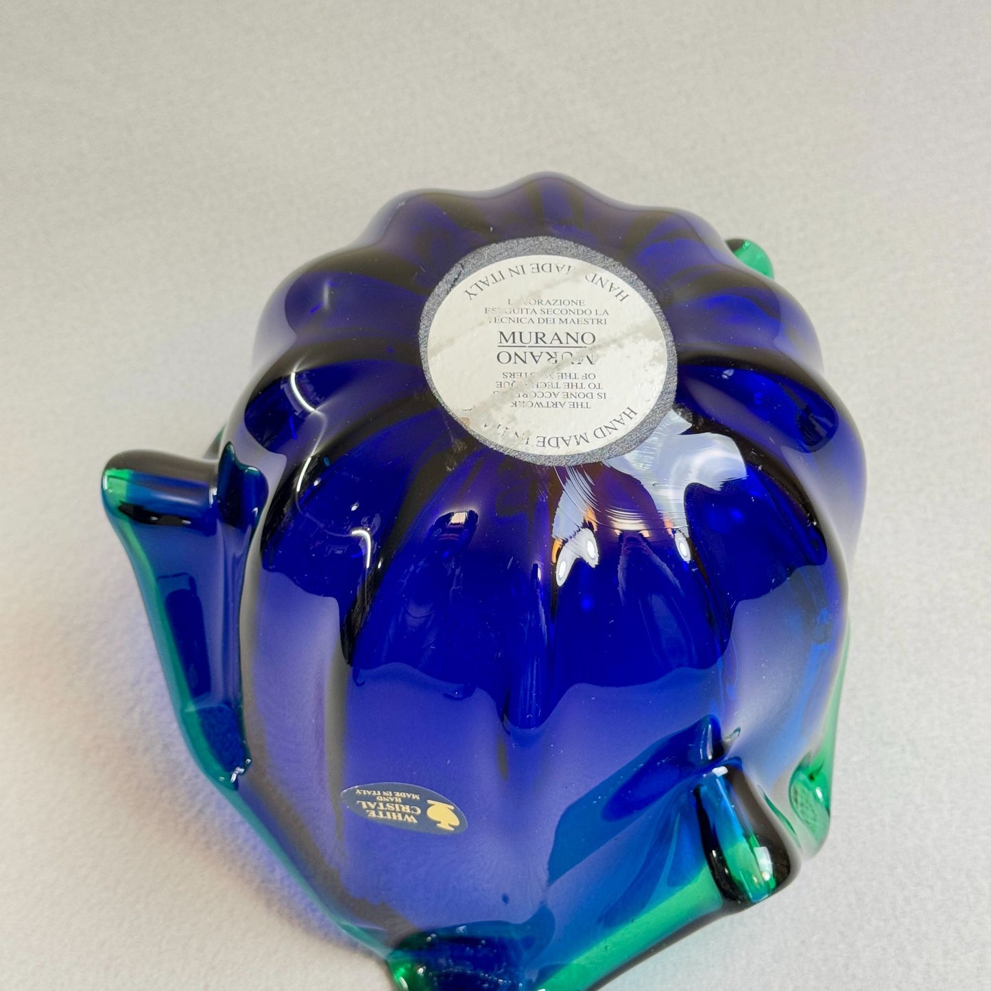 Vintage Italian Murano Style Art Glass Bowl, Cobalt Blue, Green Crest Edge 8" H