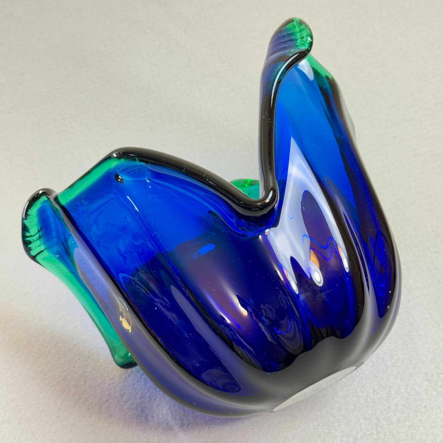 Vintage Italian Murano Style Art Glass Bowl, Cobalt Blue, Green Crest Edge 8" H