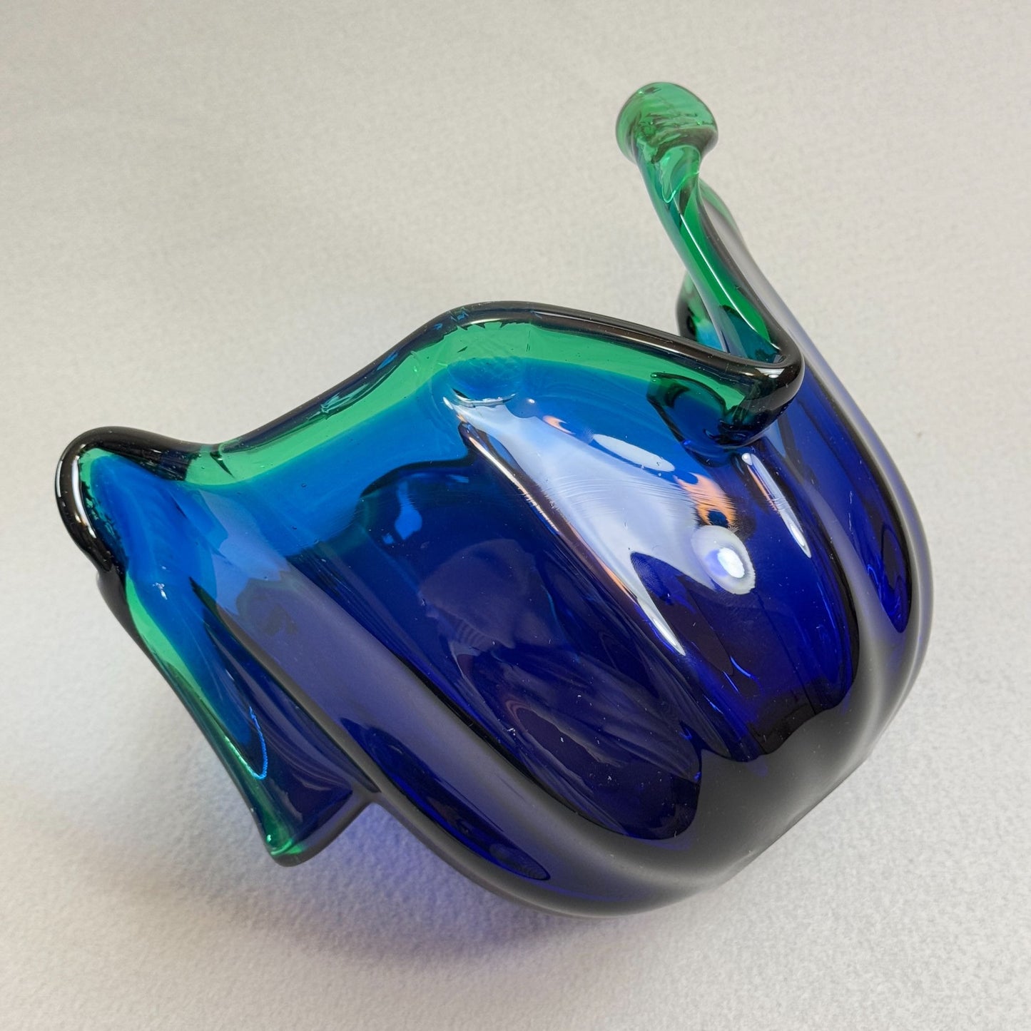 Vintage Italian Murano Style Art Glass Bowl, Cobalt Blue, Green Crest Edge 8" H