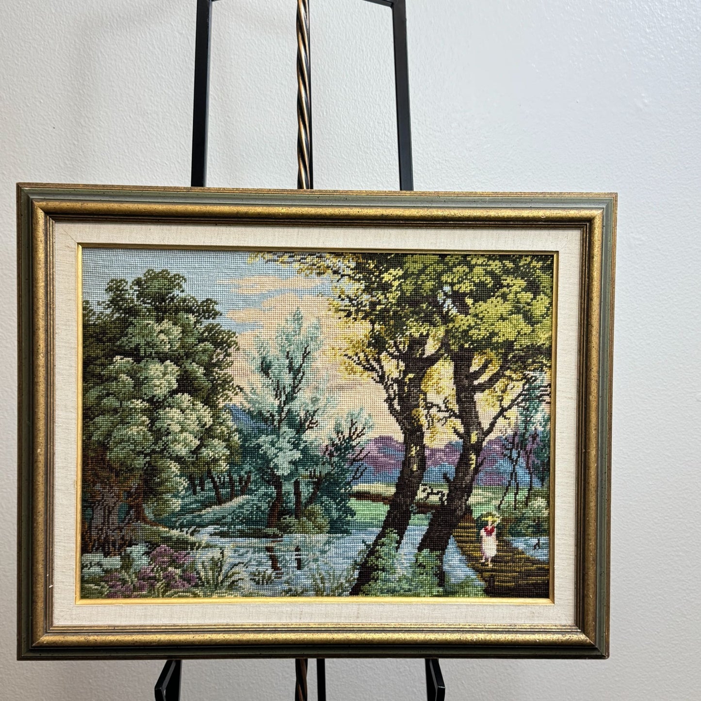 1981 Vintage Embroidered Forest with Wooden Bridge - Handmade 24x19" Framed