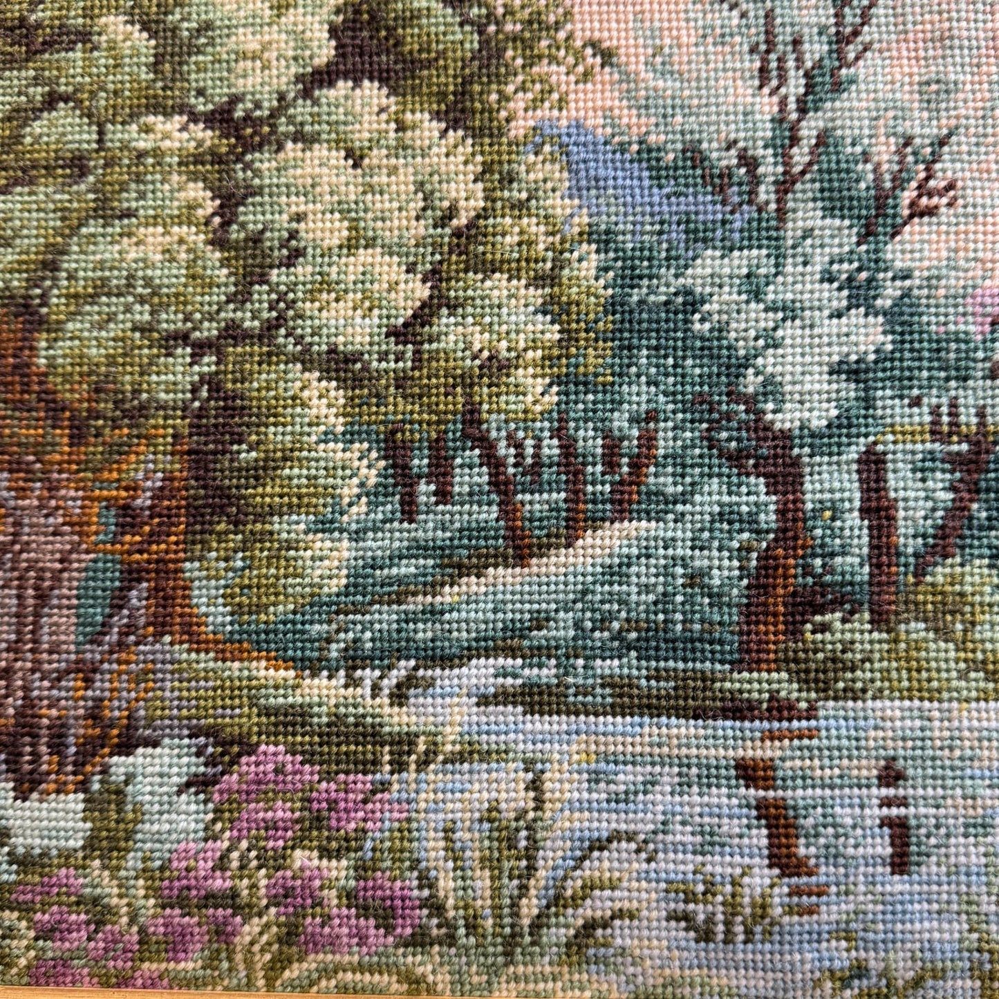 1981 Vintage Embroidered Forest with Wooden Bridge - Handmade 24x19" Framed