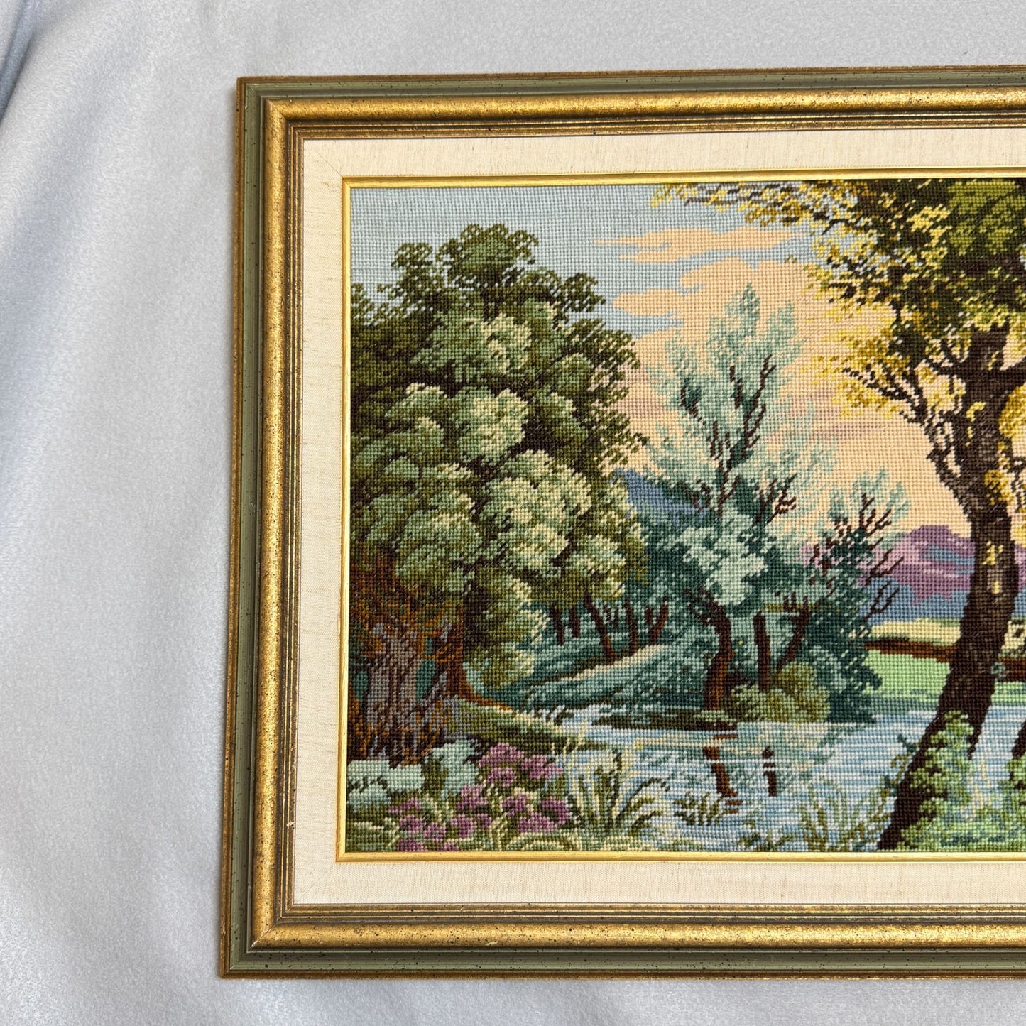 1981 Vintage Embroidered Forest with Wooden Bridge - Handmade 24x19" Framed