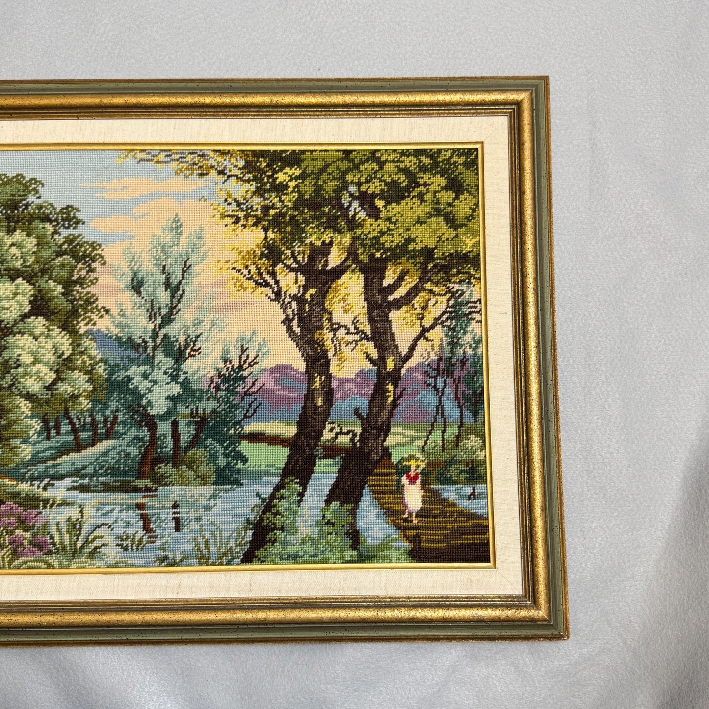 1981 Vintage Embroidered Forest with Wooden Bridge - Handmade 24x19" Framed