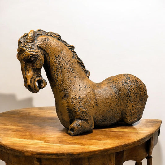 Vintage Rustic Brown Bitossi-Style Sitting Horse Statue Heavy Decor Piece 18" L