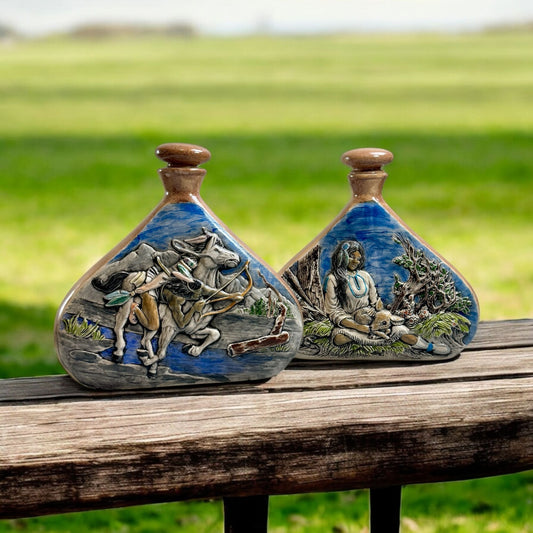 Pair of Vintage GRM 1986-1987 Way of life Native Decanter Pottery Art 10.5" Tall