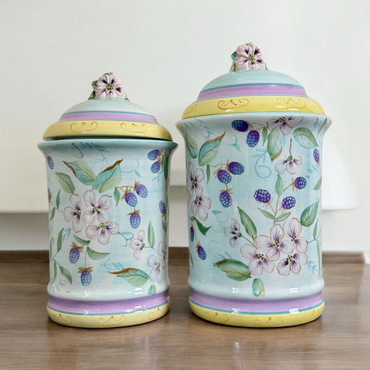 Vintage Hand Painted Pastel Color Canisters with Lid, Berries Floral Set of 2