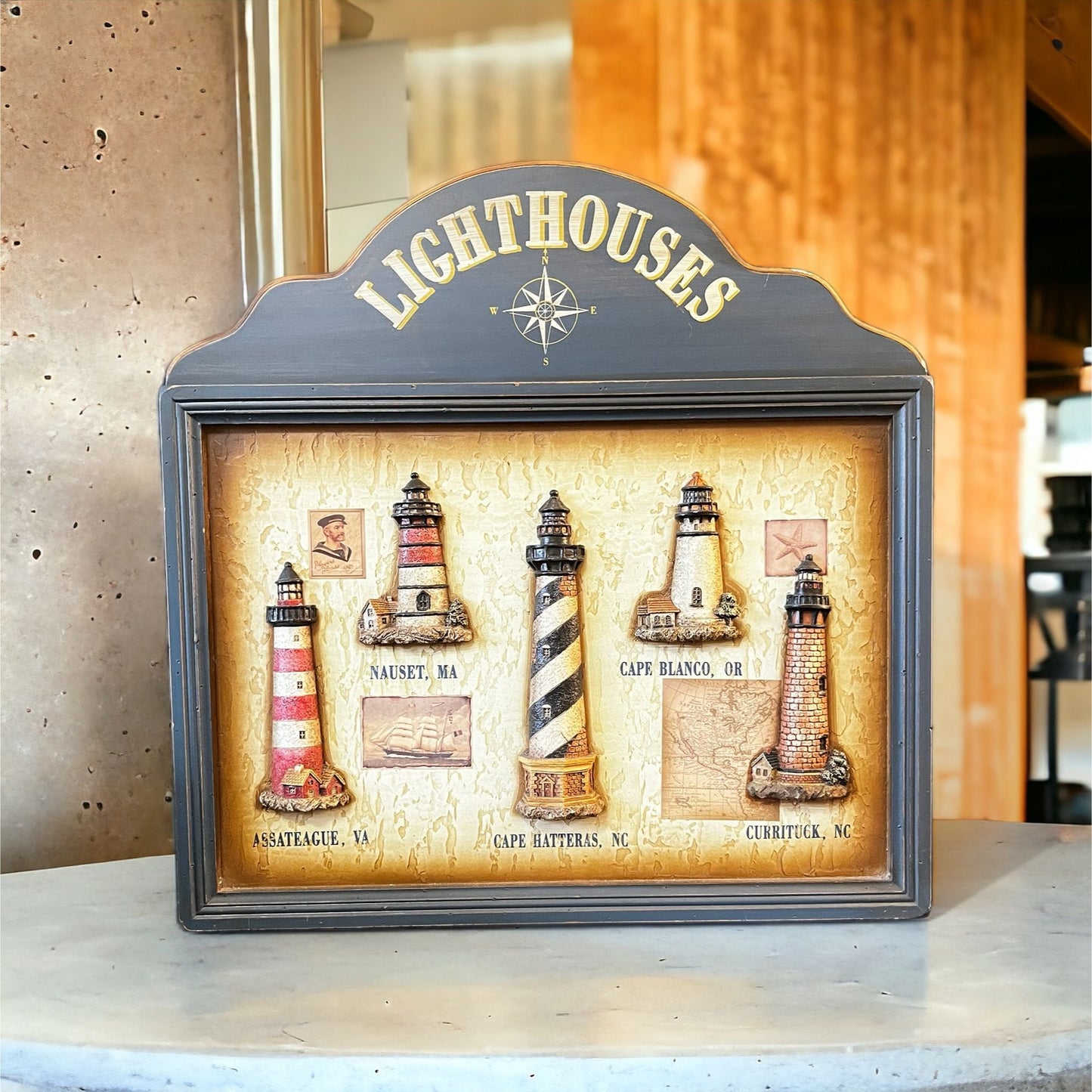 Rustic Wooden Lighthouse 3D Wall Art, Large 23" Square Plaque, Vintage Style