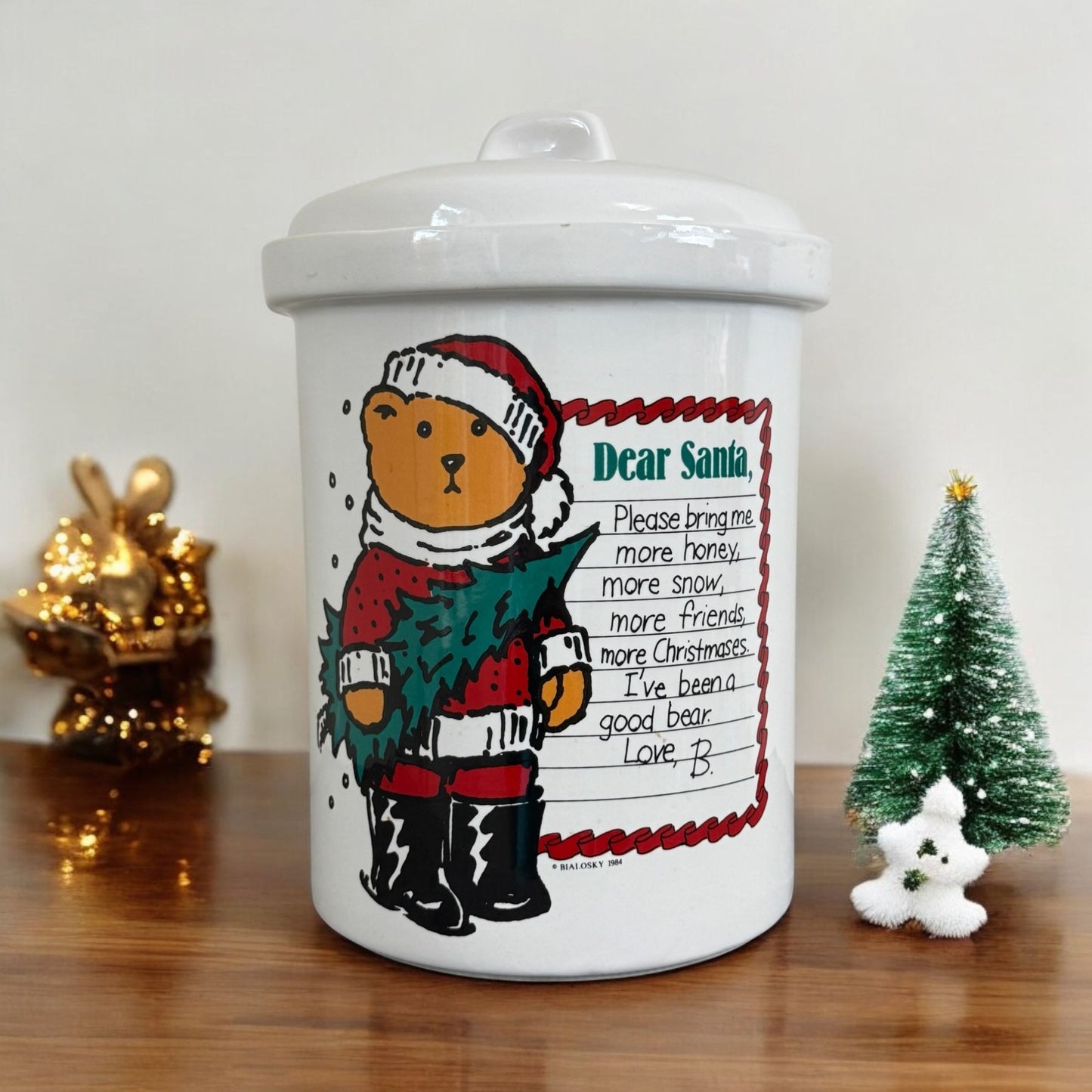 Vintage 1984 Bialosky Bear Christmas Teddy Bear Large Cookie Jar With Lid 11.5"