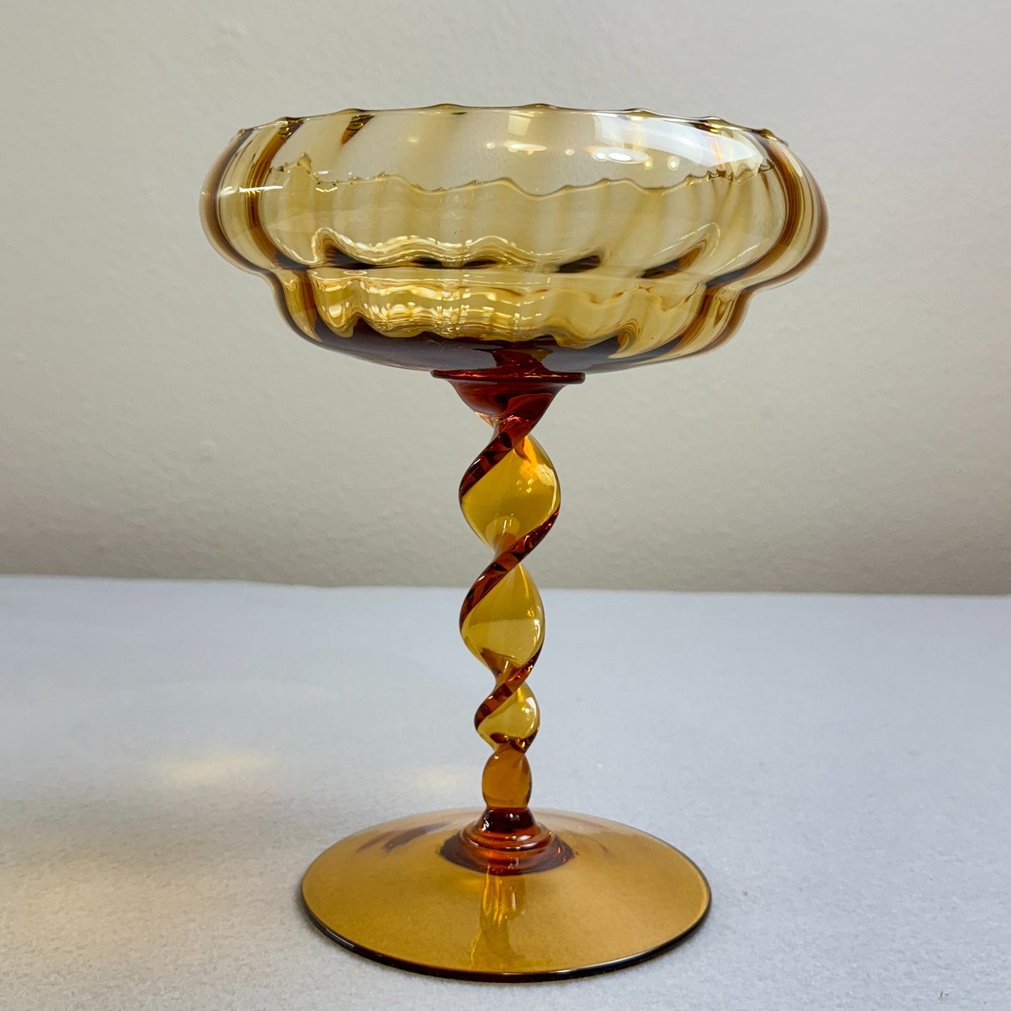 Vintage Amber Trinket Art Glass Footed Dish - Twisted Stem 8.2' Tall