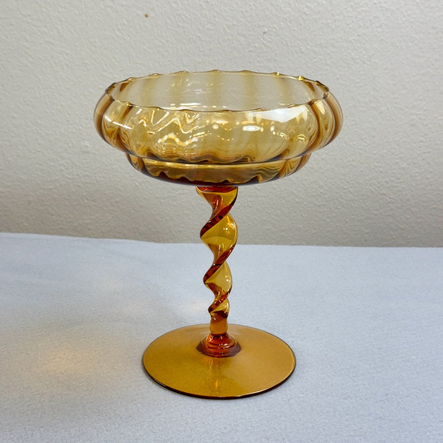 Vintage Amber Trinket Art Glass Footed Dish - Twisted Stem 8.2' Tall