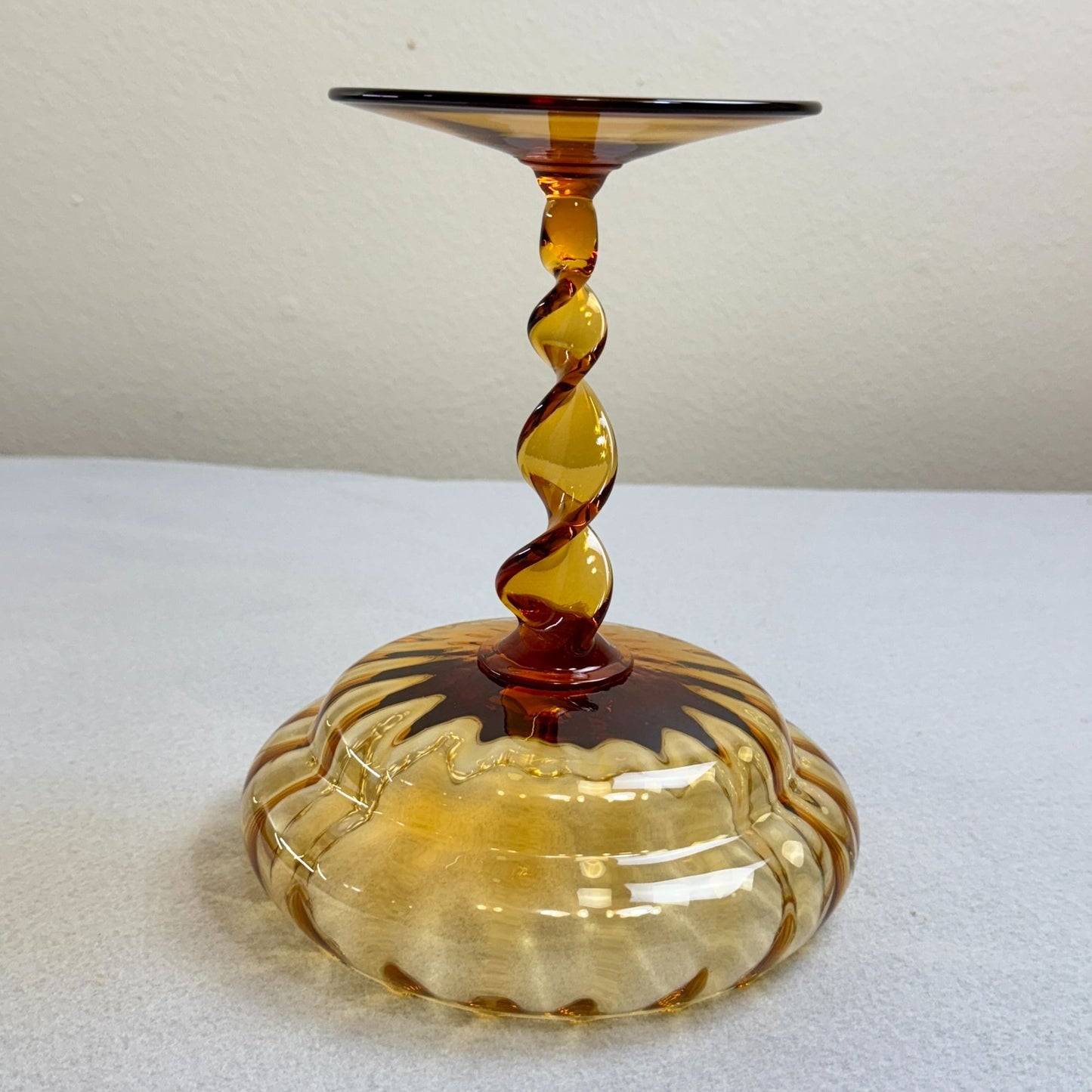 Vintage Amber Trinket Art Glass Footed Dish - Twisted Stem 8.2' Tall