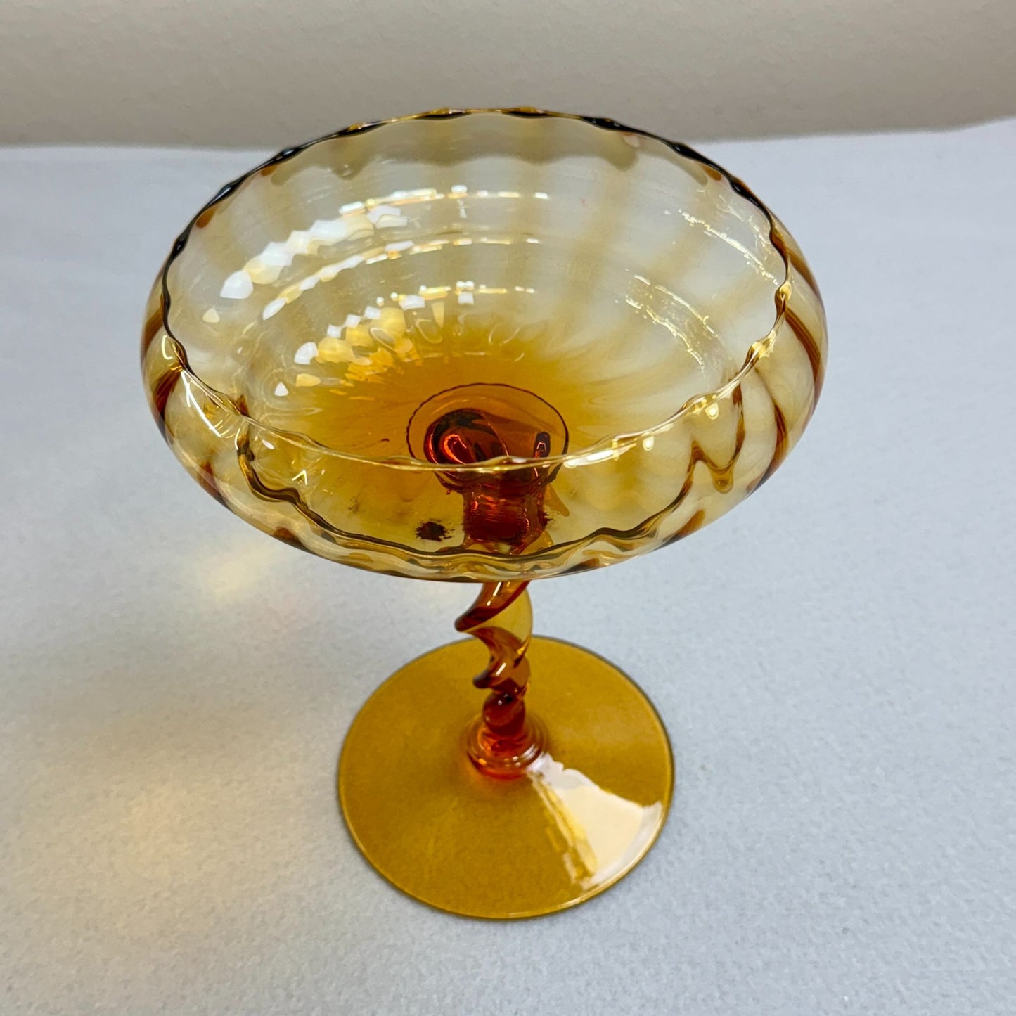 Vintage Amber Trinket Art Glass Footed Dish - Twisted Stem 8.2' Tall