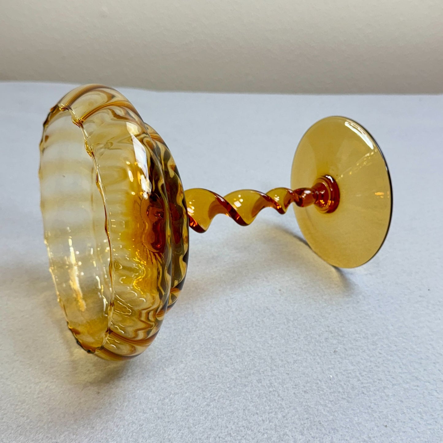 Vintage Amber Trinket Art Glass Footed Dish - Twisted Stem 8.2' Tall