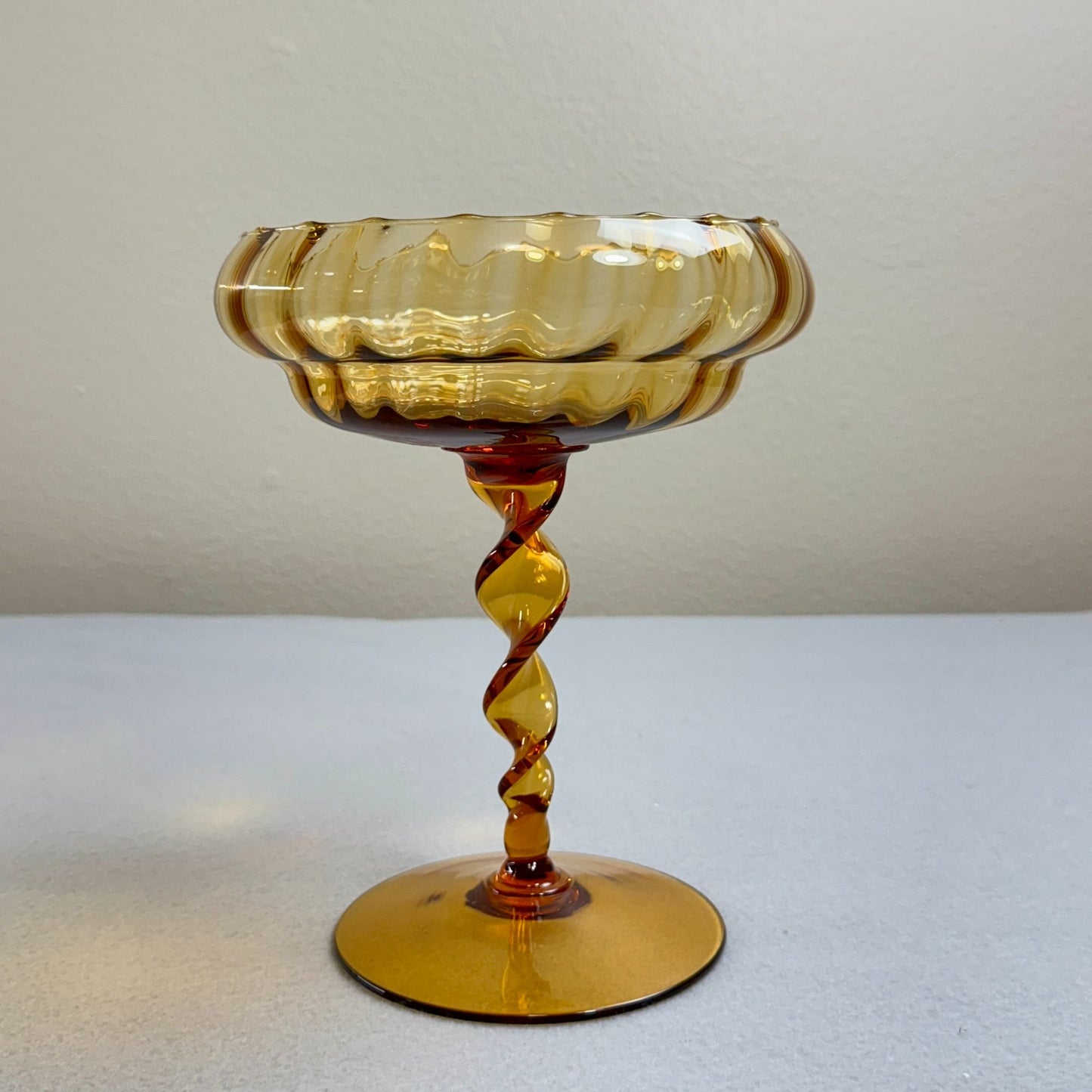 Vintage Amber Trinket Art Glass Footed Dish - Twisted Stem 8.2' Tall